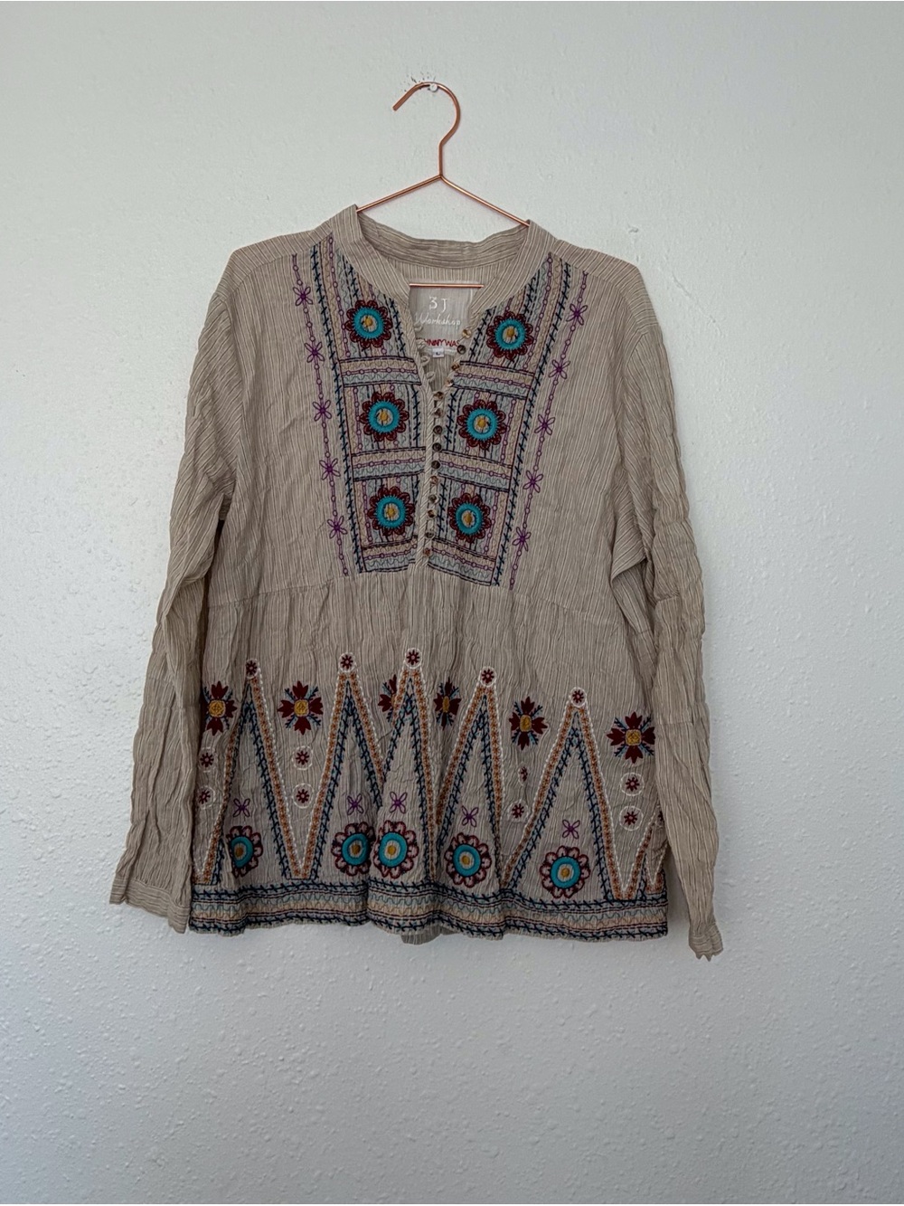 Johnny Was Beige Tunic with Turquoise, Purple & Gold Embroidery